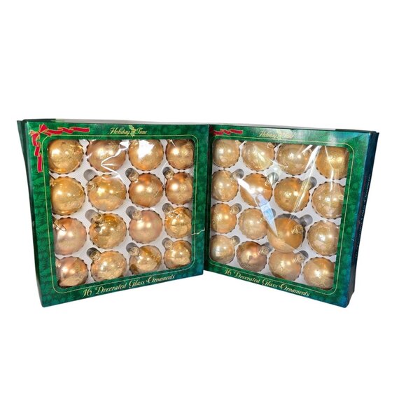 Holiday Time Christmas Bulbs Gold Decorated Glass Ornaments 2 Boxes Walmart VTG - Picture 1 of 11